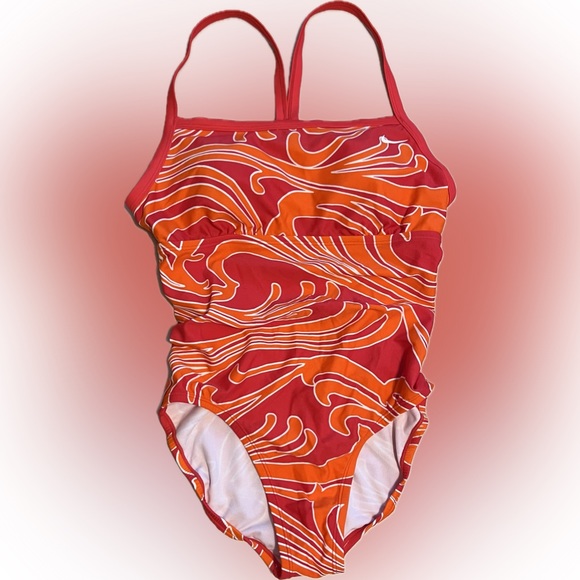 🆕Sz 8/Med RACERBACK NIKE Swimsuit Abstract Orange/White/Red—Removable Padding - Picture 4 of 16
